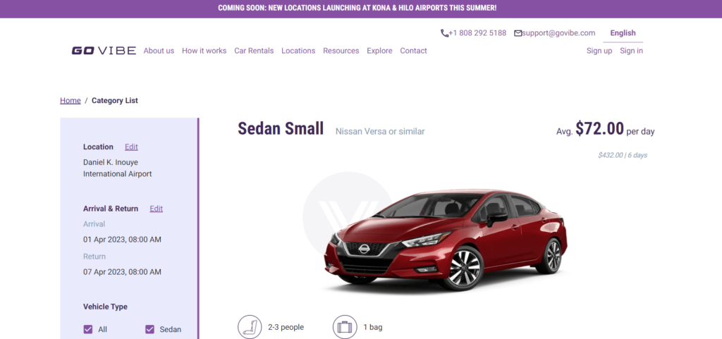 A page from GoVibe comparing prices of different cars